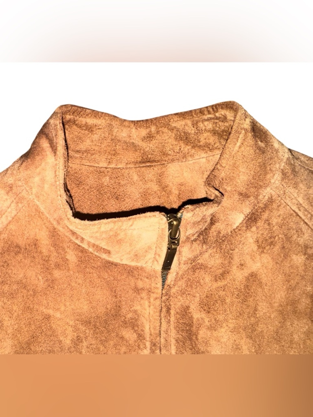 Cognac Suede Bomber Jacket with Striped Elastic Waist - Picture 6 of 11